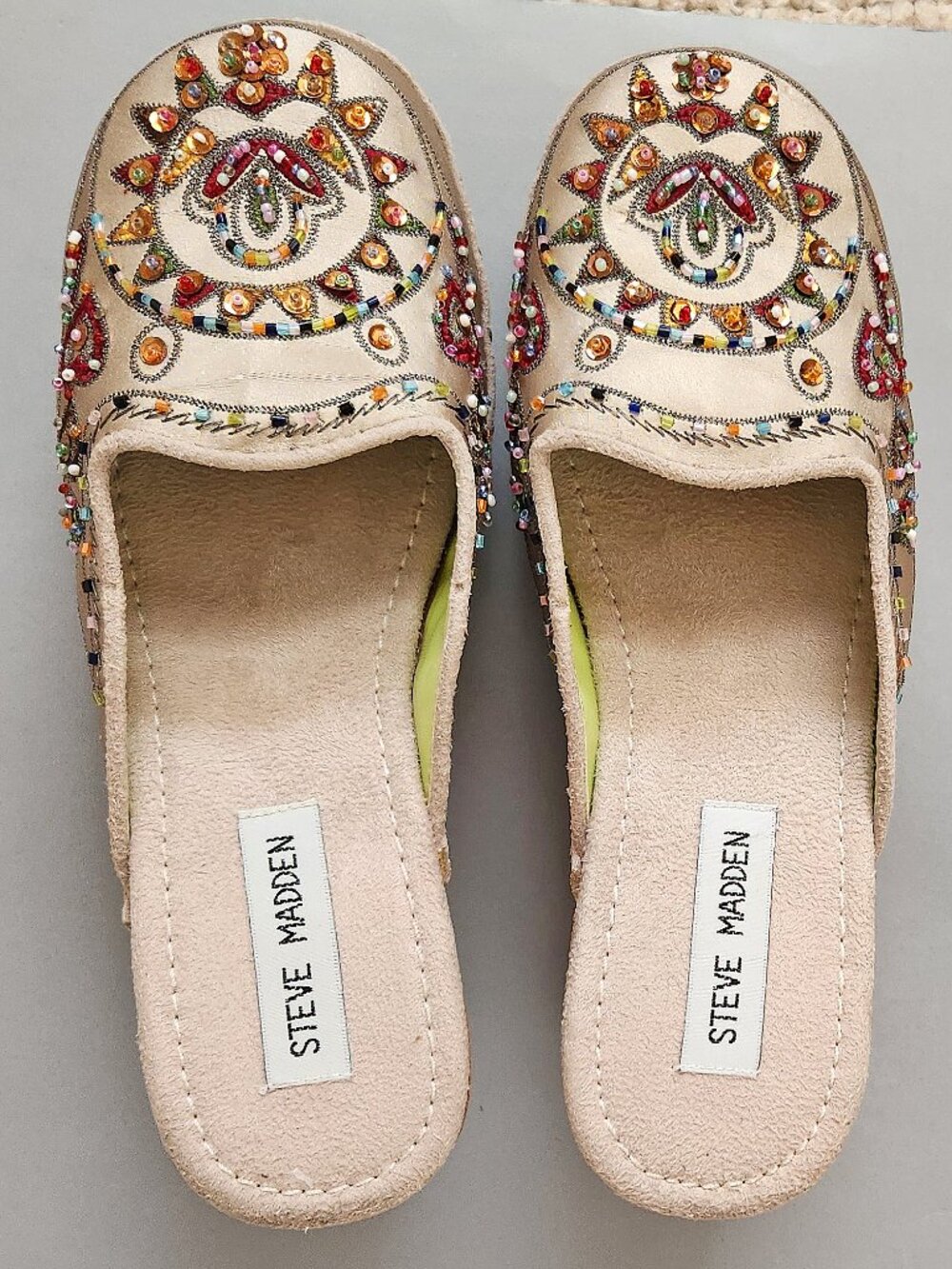 Steve Madden Firey Beaded Satin Beige Clogs Size 8